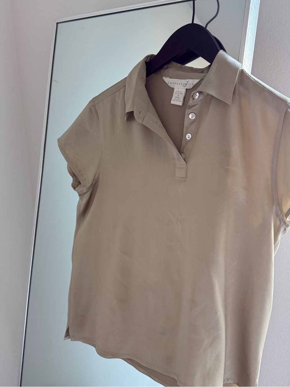 Express Beige Button-Down Polo Shirt 100% silk
